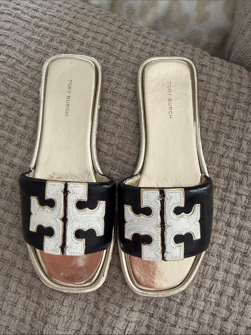 Tory Burch Black Gold Slide Sandals with Logo